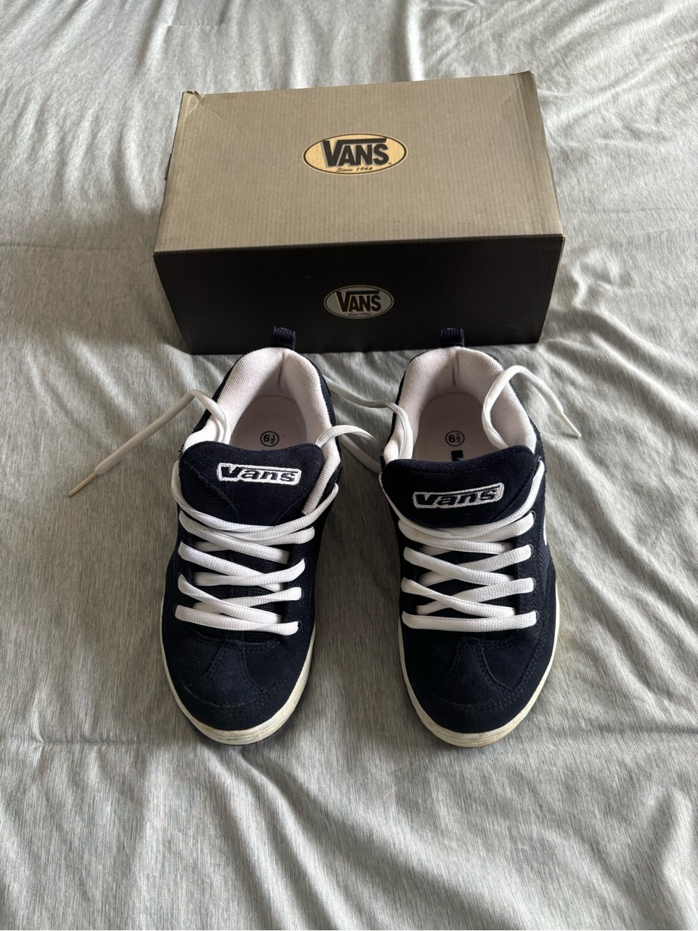 Vintage Graph Vans Men's Navy and White Low-Top Skate Sneakers.